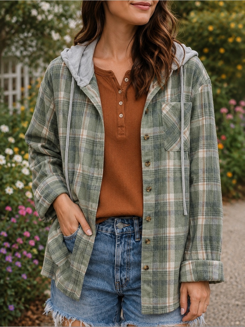Lightweight Hooded Plaid Flannel Button Front Shirt Sage Green - Picture 7 of 7